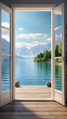 an open door leading to a lake with mountains in the background
