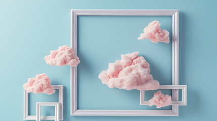White vintage frame on pastel blue background. Clouds and frame on blue background.generative ai