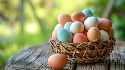 Basket of colorful chicken eggs on a wooden table in the chicken farm  - obrazy, fototapety, plakaty