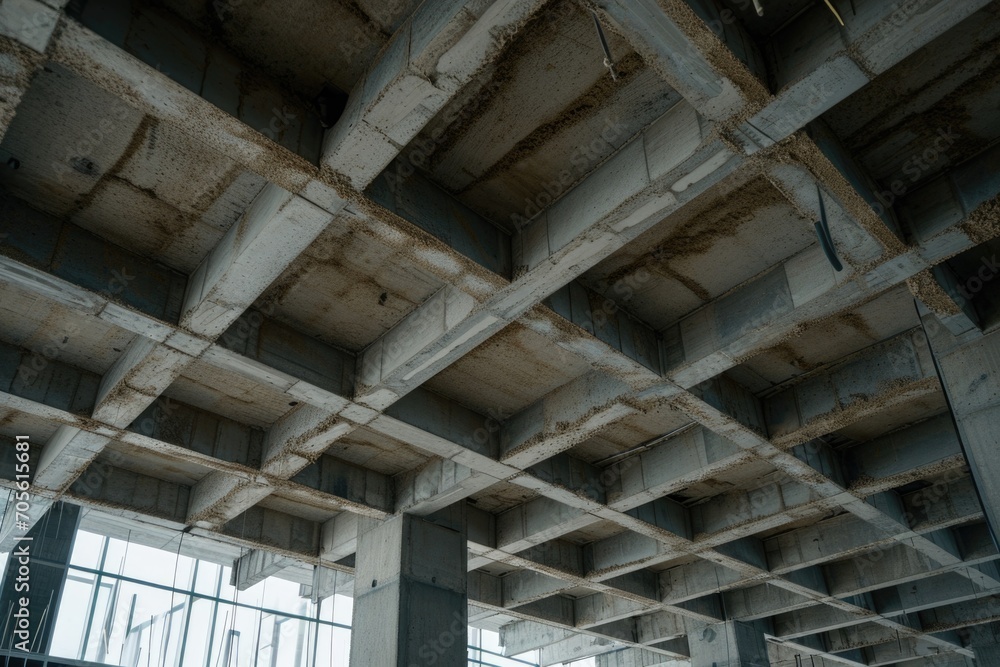 Aufkleber A picture of a building with a bunch of concrete beams. This image can be used to represent construction, architecture, infrastructure, or urban development