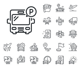 Auto park sign. Plane, supply chain and place location outline icons. Bus parking line icon. Transport place symbol. Bus parking line sign. Taxi transport, rent a bike icon. Travel map. Vector