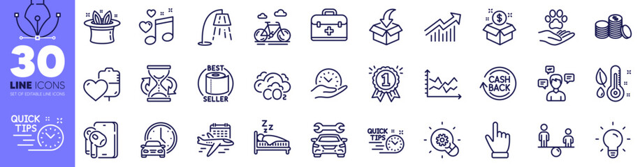 Cursor, Cashback and Safe time line icons pack. Demand curve, Love music, Select flight web icon. Equity, Post package, Moving service pictogram. Diagram chart, Thermometer. Vector