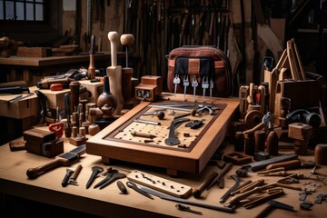 Photo of a set of precision woodworking tools for DIY enthusiasts. Generative AI - obrazy, fototapety, plakaty