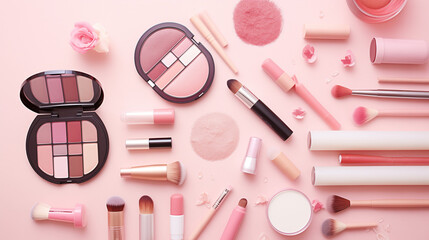 Fototapeta premium make up brushes, cosmetics and makeup products scattered on a pink background top view, Ai generated image