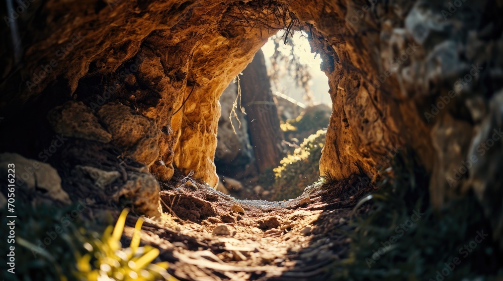 Poster a tunnel in the middle of a forest filled with trees. suitable for nature and outdoor themes