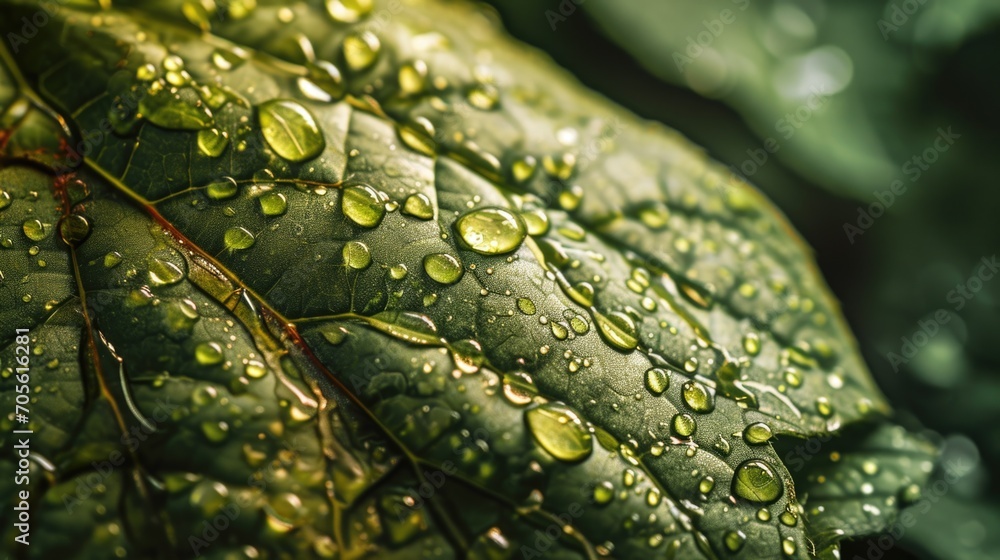 Poster a close-up image of a leaf with water droplets. perfect for nature or environmental themes
