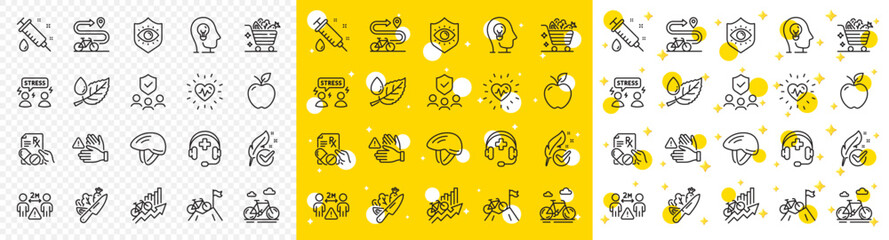 Outline Bicycle helmet, Difficult stress and Mental health line icons pack for web with Medical support, Heartbeat, Mountain bike line icon. Leaf dew, Vegetable, Vegetables cart pictogram icon. Vector