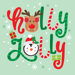 Cute Holly Jolly with  Christmas Reindeer and Penguin 