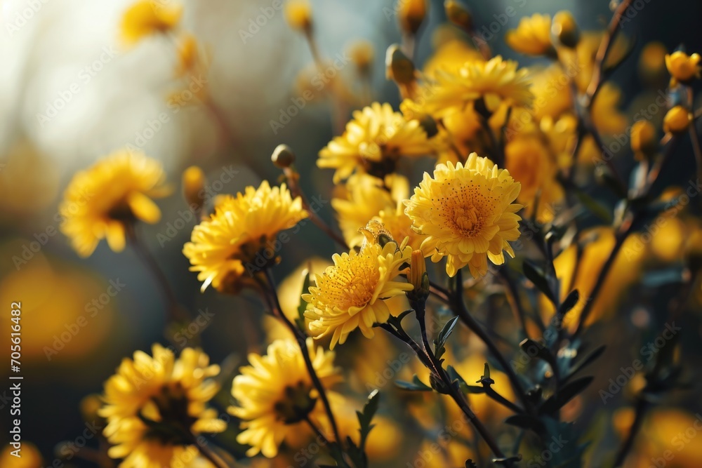 Poster a beautiful bunch of yellow flowers in a field. perfect for adding a touch of nature to your designs