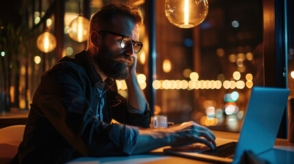Obraz premium adult bearded male in stylish wear sitting at table with modern laptop and analyzing business