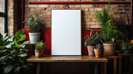 White blank poster on a wooden stand in the office with plants, copy space, Generative AI