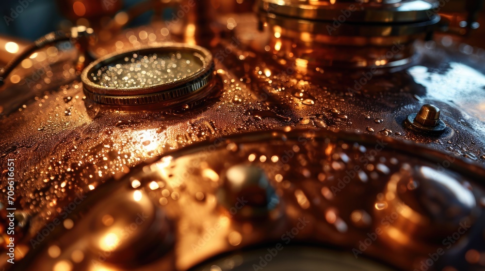 Poster a detailed close-up view of a clock placed on top of a copper tank. this image can be used to depict