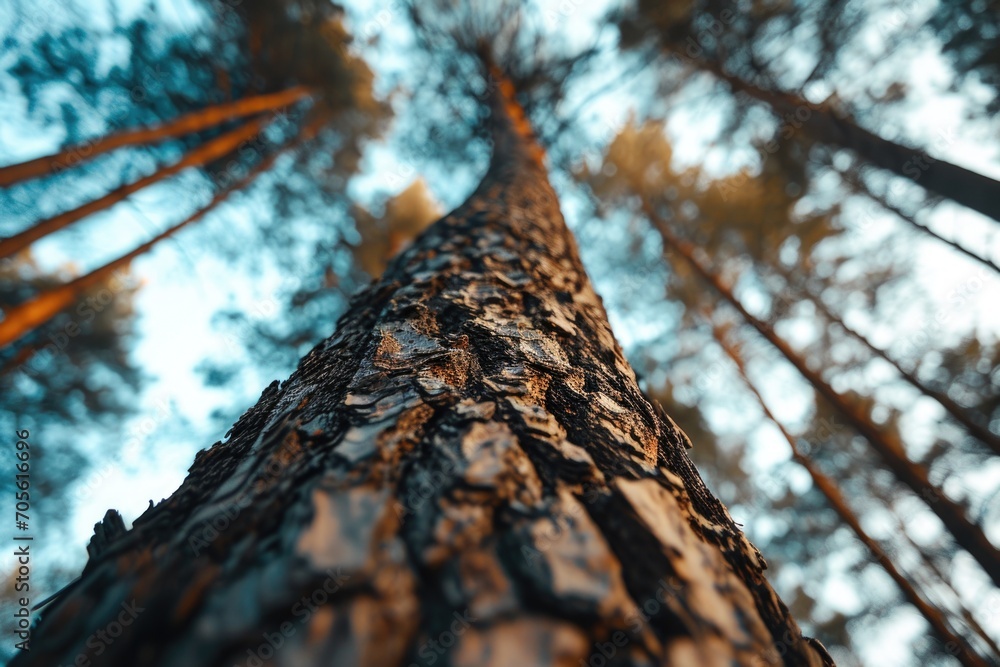 Poster A picture of a tall tree standing in the middle of a forest. This image can be used to depict the beauty and serenity of nature