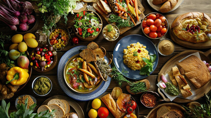 The table top view of different types of food spread on table - Powered by Adobe