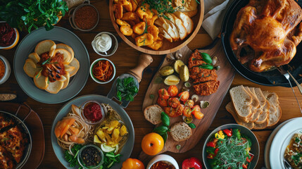 The table top view of different types of food spread on table