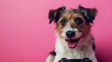 A dog with a game controller on a pink background