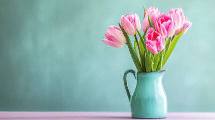 tulip flower in jug on the table pastel background