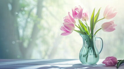 Obraz premium tulip flower in jug on the table pastel background
