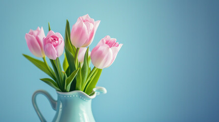 tulip flower in jug on the table pastel background