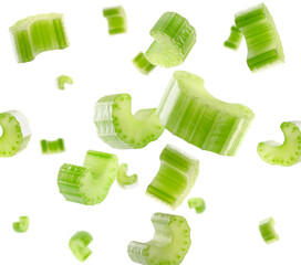 Pieces of celery fly and levitate in space. Isolated on white