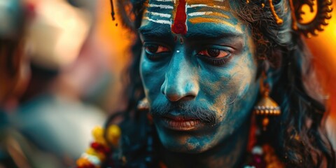 Close-up view of a person with blue paint on their face. Can be used for artistic makeup, costume parties, or theatrical performances