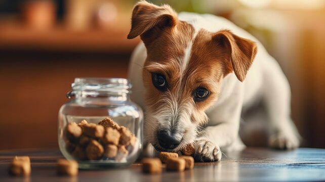 Dog eyeing treats in a glass jar on the table