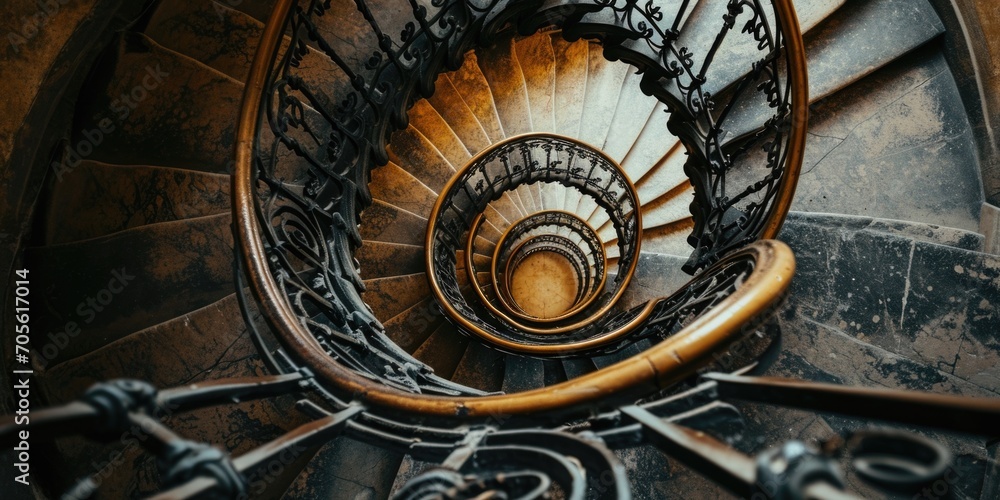 Poster a photograph of a spiral staircase with iron railings. this image can be used to depict architectura