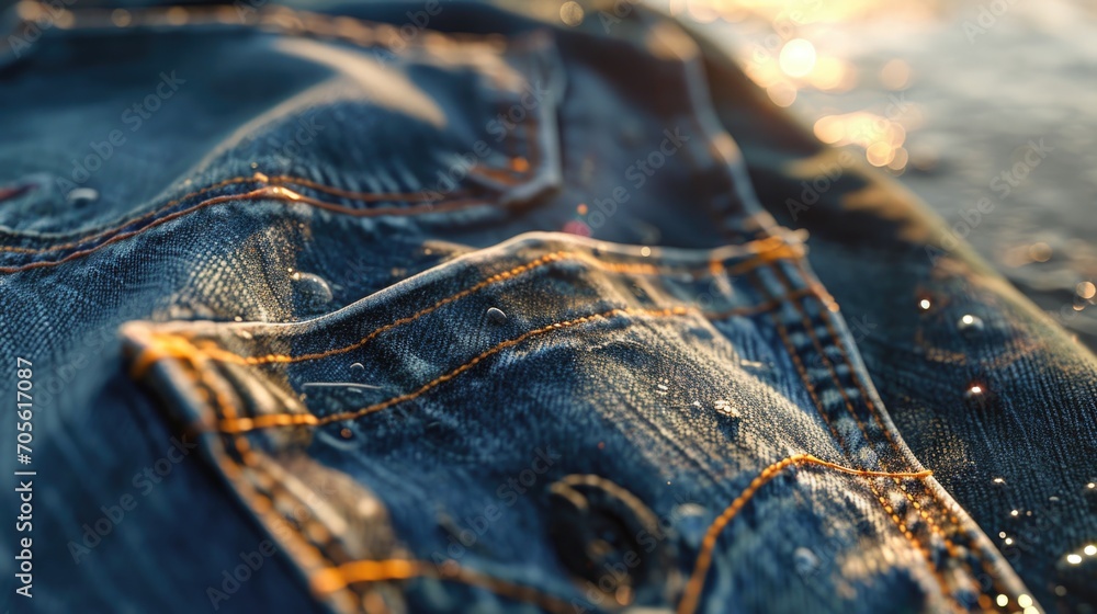 Poster a detailed close-up shot of a pair of jeans. versatile and trendy, this image can be used to depict 