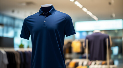 clothes on hangers, Dark blue polo shirt worn on a mannequin in a minimalist style, with a clothing store background, Ai generated image