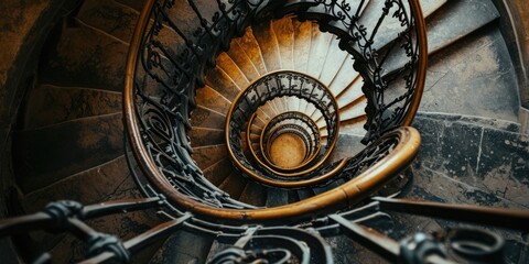 A photograph of a spiral staircase with iron railings. This image can be used to depict architectural structures or to symbolize progress and upward movement