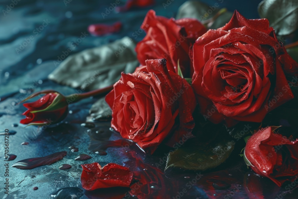 Poster a beautiful arrangement of red roses placed on a table. perfect for adding a touch of elegance to an