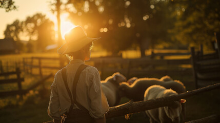 A young American farmer sheep in a pen during sunset
