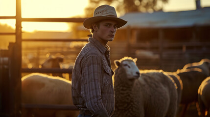 A young American farmer sheep in a pen during sunset