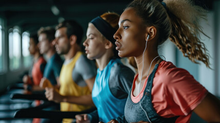 Fototapeta premium Diverse People Running on Treadmills in the Gym