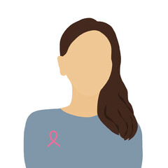 Close up of a long hair young woman face with a smile and pink breast cancer awareness ribbon. Happy confident strong carefree.