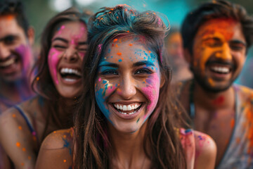 Group of happy friends having fun during Holi color festival in India ai generated art