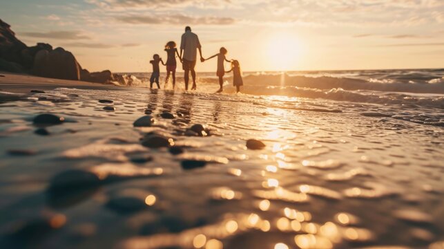 A family is seen walking on the beach during a beautiful sunset. This image can be used to depict family time, vacations, relaxation, and enjoying nature