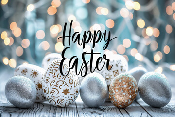 Happy Easter greeting card with gold and silver painted eggs on bokeh background