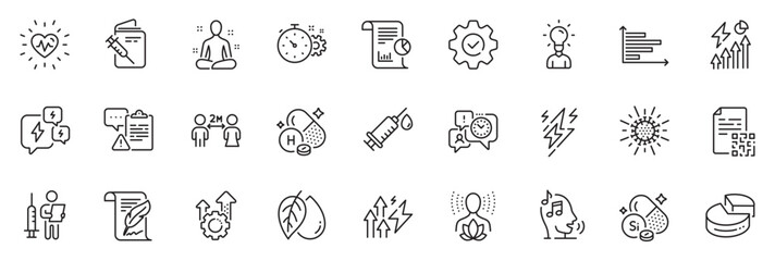 Icons pack as Stress, Energy inflation and Vaccination passport line icons for app include Yoga, Social distancing, Cogwheel timer outline thin icon web set. Time management, Vitamin h. Vector