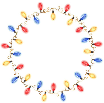 Christmas round frame made of colorful bulbs. Isolated holiday decoration.
