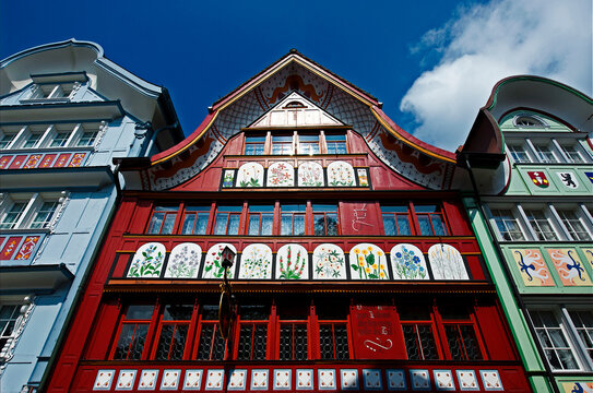 Appenzell, canton Appenzell Innerrhoden, Switzerland, Europe - characteristic traditional Swiss wooden townhouses with cambered triangular gable, historic center of the town