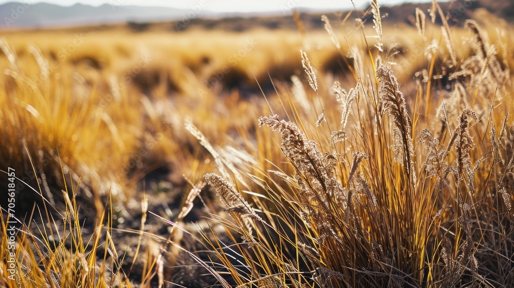 Poster a scenic view of a field of tall grass with majestic mountains in the background. perfect for nature