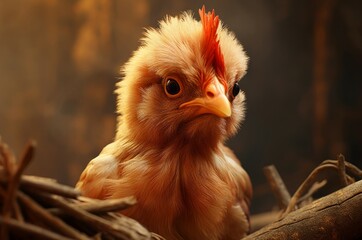 Fototapeta premium Curious Little chicken closeup. Farm baby bird. Generate Ai