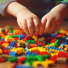 Children's hands play with colorful legos. Educational creative game.