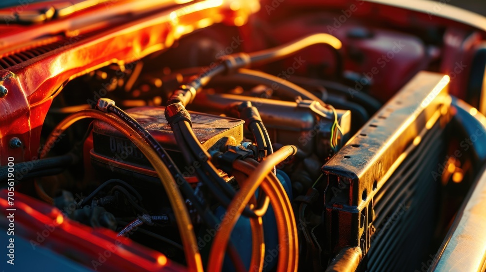 Poster a detailed view of the engine of a car. suitable for automotive industry websites or mechanic-relate
