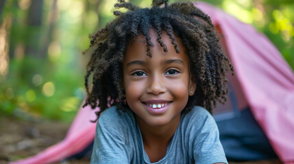 Child sitting near tent in forest  in front of camping tent