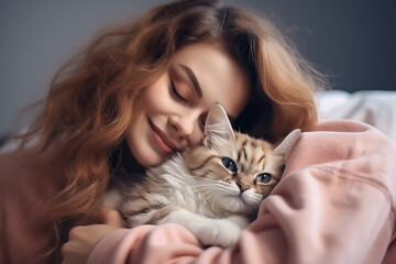 Beautiful young woman is holding a cat and smiling while lying on the bed at home. Generative AI