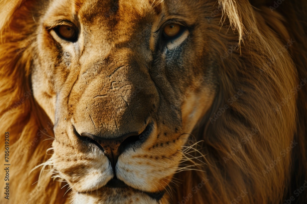 Poster A close-up view of a lion's face with a blurry background. This image captures the detailed features of the lion's face, including its majestic mane and intense gaze.