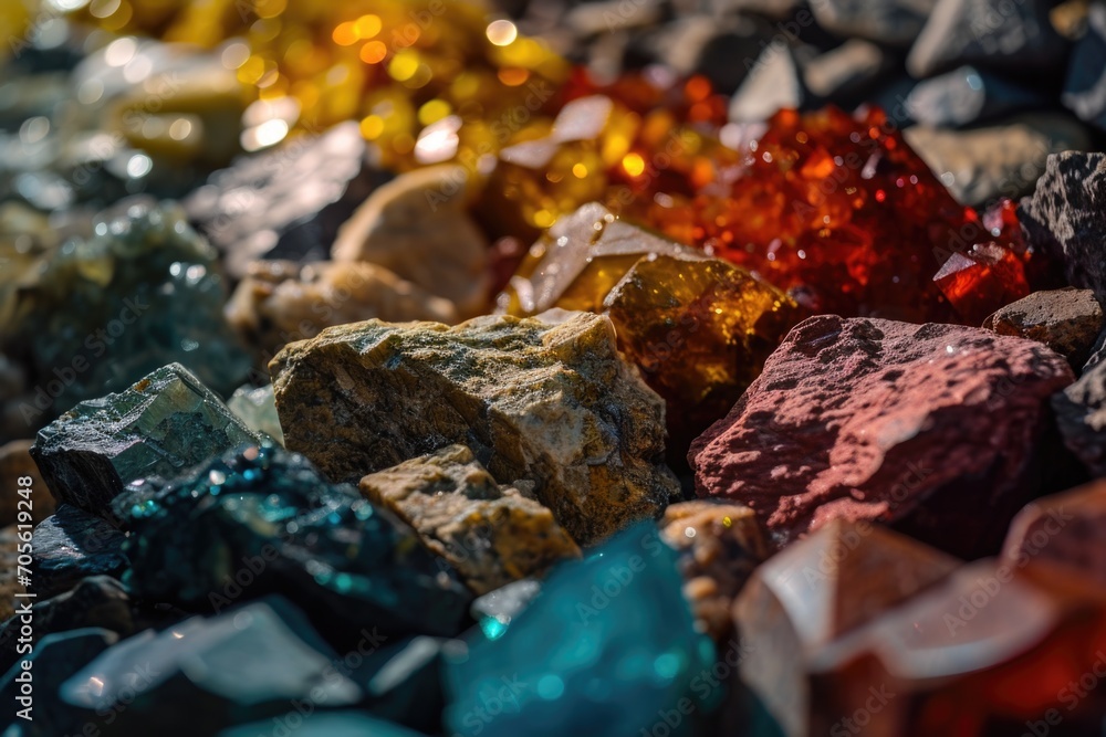 Poster a close-up view of a variety of rocks and stones. this image can be used to depict nature, geology, 