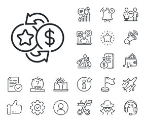Fototapeta premium Bonus money. Salaryman, gender equality and alert bell outline icons. Loyalty points line icon. Discount program symbol. Loyalty points line sign. Spy or profile placeholder icon. Vector